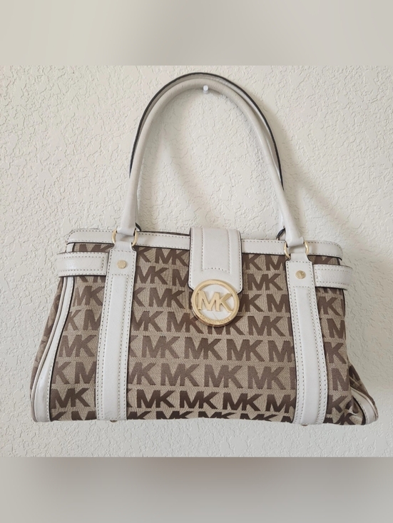 Michael Kors Handbags - Michael Kors Cream & Brown MK Logo Satchel with Gold Hardware